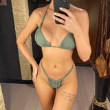 Sexy Wrinkled High Cut Thong Bikini Women Swimwear Female Swimsuit Two-Pieces Bikini Set Bather Bathing Suit Swim Lady V4010C