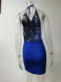 Sexy Halter Bodycon Dress Deep V Backless Ruched Slim Short Dress Royal Blue Clubwear Cocktail Dinner Party Dresses for Ladies