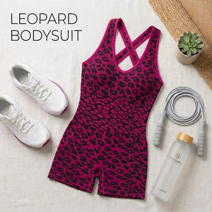 Leopard Print Workout Onesie Cross Open Back Athletic Rompers Sleeveless Yoga Jumpsuit Workout Outfit for Gym Pilates