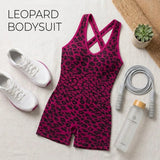 Leopard Print Workout Onesie Cross Open Back Athletic Rompers Sleeveless Yoga Jumpsuit Workout Outfit for Gym Pilates