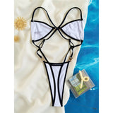 S - XL Extreme String Mini Micro Thong One Piece Swimsuit Women Swimwear Female Splicing Leopard Bather Bathing Suit Swim V7066