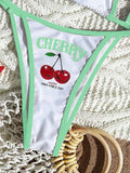 Cute Halter Bikini 3 Pieces Cherry Print 2026 Sexy & Fresh Feeling Bathing Suit Three-Piece Swimsuit Dark Blue Beach Swimwear