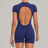 Triangle Butt Backless Short Sleeve Zipper Woman Pad Yoga Set One-Piece Jumpsuit Shorts Push Up Gym Active Wear Clothes XP129