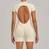 Triangle Butt Backless Short Sleeve Zipper Woman Pad Yoga Set One-Piece Jumpsuit Shorts Push Up Gym Active Wear Clothes XP129