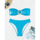 Diamond Rhinestones Bandeau Mid Waist Bikini Women Swimwear Female Swimsuit Two-Pieces Bikini Set Bather Bathing Suit Swim V5402