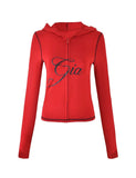 Gia 26SS Slim Fit Letter Printed Open Thread Design Hooded Zipper Short Jacket Pants Set