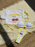 Cherry Print Mesh Short Sleeve Mini Bikini Female Swimsuit Women Swimwear Three-pieces Bikini Set Bathing Suit Swim Beachwear