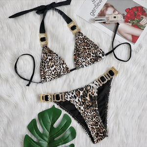 Bikini Swimsuit Women's European and American Vacation Sexy Leopard Print Diamond Low Waist Gathering Split Swimsuit