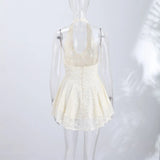 V Neck Halter Lace Mini Skirt Women Fashion Waist Cinched A Line Dress Backless Sleeveless Short Vestidos Summer Lady Dresses