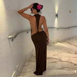 Tossy Women Halter Backless Bodycon Maxi Dress Open Back Spaghetti Strap Gold Ring Evening Party Gown Summer Beach Long Dress