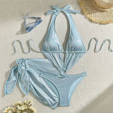 With Sarong Glitter Sparkling Depp V Neck One Piece Swimsuit Women Swimwear Female Cut Out Halter Bather Bathing Suit Swim V5754