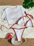 Cherry Print Mesh Short Sleeve Mini Bikini Female Swimsuit Women Swimwear Three-pieces Bikini Set Bathing Suit Swim Beachwear