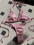Halter Shiny PU Faux Leather Bikini Female Swimsuit Women Swimwear Two-piece Bikini Set Mini Micro Thong Bathing Suit Swim Lady