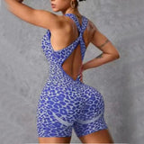 Pad Leopard Sports Yoga Set Jumpsuits Women Twist Back Shorts Bodysuit Female Tight Gym Running Fitness Overalls XP10