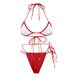 Metal Butterfly Halter High Cut Leg Bikini Women Swimwear Two-Pieces Bikini Set Female Swimsuit Bather Bathing Suit Swim V6460