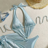 With Sarong Glitter Sparkling Depp V Neck One Piece Swimsuit Women Swimwear Female Cut Out Halter Bather Bathing Suit Swim V5754