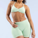 D-LOgo Women Halter Neck 2Pcs Yoga Outfit Padded Sports Bra High Waist Peach Butt Seamless Gym Fitness Short