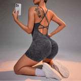 Distressed Washed Yoga Bodysuit for Women - Seamless No Panty Line Strappy Dance Leotard, Vintage Soft Workout Unitard for Gym
