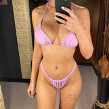 Sexy Wrinkled High Cut Thong Bikini Women Swimwear Female Swimsuit Two-Pieces Bikini Set Bather Bathing Suit Swim Lady V4010C