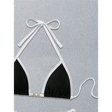 Pearls Halter High Cut Bikini Female Swimsuit Two-Pieces Bikini Set Women Swimwear Ribbed Padded Bathing Suit Bather Swim V6315