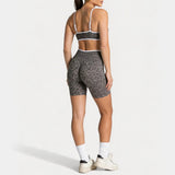 Women Leopard Print 2 Piece Yoga Set High Waist Butt Lift Biker Shorts Adjustable Strap Sports Bra Gym Workout Activewear
