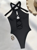 High Neck Lace Up High Leg Cut Women Swimwear One Piece Swimsuit Female Backless Monokini Hollow Out Bathing Suit Swim Bodysuit