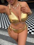 Gold Big Bikini Push Up Women Swimsuit High Waist Plus Size Swimwear Split Bathing Suit Biquine Brasileiro Micro Bikini Set