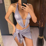 With Sarong Glitter Sparkling Depp V Neck One Piece Swimsuit Women Swimwear Female Cut Out Halter Bather Bathing Suit Swim V5754
