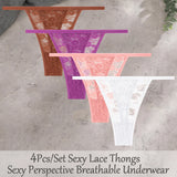 4Pcs/Set Sexy Lace Floral G-Strings Underwear For Women Solid Color Perspective Breathable Panties Female Low Rise Elastic Thong