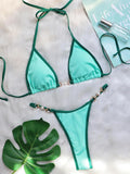 Sexy Halter Pearl Extreme Mini Micro Bikini Female Swimsuit Women Swimwear Two-pieces Bikini set Ribbed Bather Bathing Suit Swim