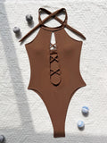 High Neck Lace Up High Leg Cut Women Swimwear One Piece Swimsuit Female Backless Monokini Hollow Out Bathing Suit Swim Bodysuit