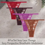 4Pcs/Set Sexy Lace Floral G-Strings Underwear For Women Solid Color Perspective Breathable Panties Female Low Rise Elastic Thong