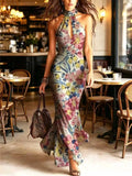 Fashionable Printed Long Skirt with Stand up Collar Hollow out Neck Hanging Design Slim Fit Split for Holiday Dress