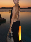 Tossy Women Halter Backless Bodycon Maxi Dress Open Back Spaghetti Strap Gold Ring Evening Party Gown Summer Beach Long Dress