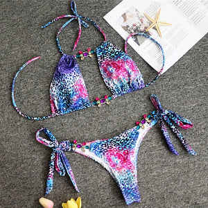 Halter Leopard Diamond Bikini Women Bandeau Swimsuit Female Swimwear Two Pieces Bikini Set Hollow Out Bather Bathing Suit Swim