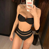 Sexy High Waist Bikini Bandeau Swimsuit Female  Women Swimwear Two-Pieces Bikini Set With Bra Cup Bather Bathing Suit V1297