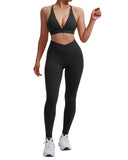 2 Piece Fitness Sets for Women Padded Push Up Sports Bra Booty Leggings with Pockets Yoga Gym Outfits Workout Sets Female