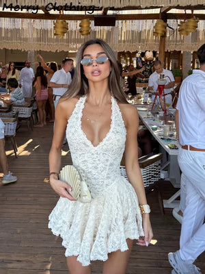 V Neck Halter Lace Mini Skirt Women Fashion Waist Cinched A Line Dress Backless Sleeveless Short Vestidos Summer Lady Dresses