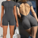 Triangle Butt Backless Short Sleeve Zipper Woman Pad Yoga Set One-Piece Jumpsuit Shorts Push Up Gym Active Wear Clothes XP129