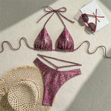 Sexy Printed PU Faux Leather Halter Bikini Female Swimsuit Women Swimwear Two-Pieces Bikini Set Bather Bathing Suit Swim V6579