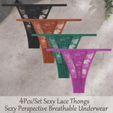 4Pcs/Set Sexy Lace Floral G-Strings Underwear For Women Solid Color Perspective Breathable Panties Female Low Rise Elastic Thong