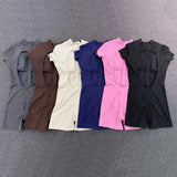 Triangle Butt Backless Short Sleeve Zipper Woman Pad Yoga Set One-Piece Jumpsuit Shorts Push Up Gym Active Wear Clothes XP129