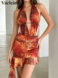 XS - L Printed Halter Deep V Neck Mini Dress Pleated Ruched Sleeveless Bodycon Dresses For Women Club Party Tight Vestidos V8404