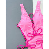 Deep V Neck Lace Up High Leg Cut Women Swimwear One Piece Swimsuit Female Wrap Around Monokini Bather Bathing Suit Swim V4719