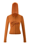 Iamgia New Front Shoulder Slim Fit Letter Printed Open Line Design Slim Fit Hooded Zipper Short Jacket Pants Set