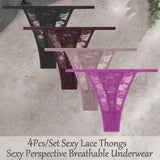4Pcs/Set Sexy Lace Floral G-Strings Underwear For Women Solid Color Perspective Breathable Panties Female Low Rise Elastic Thong