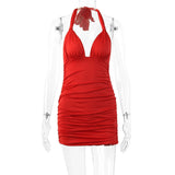 Sexy Deep V  Ruffle Halter Dress 2023 Summer Wrinkled Short Evening Party Dress For Women Tight Club Mini Dress Clubwear D043