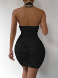 Women's Black Halter Mini Dress Deep V Neck Ruched Bodycon Sleeveless Dress Sexy Spring Summer Club Party Cocktail Fashion Dress