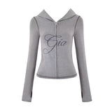new shoulder letter printed open thread design slim fit hooded zipper short jacket shorts set
