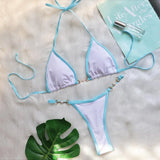 Sexy Halter Pearl Extreme Mini Micro Bikini Female Swimsuit Women Swimwear Two-pieces Bikini set Ribbed Bather Bathing Suit Swim